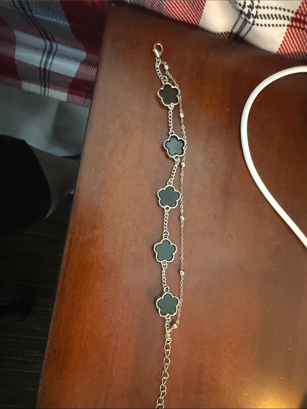 Silver-Tone Bracelet with Black Clover Motifs